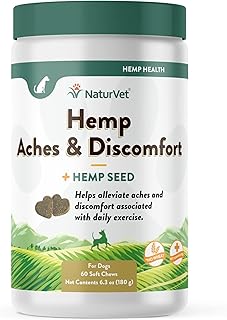 NaturVet Hemp Aches & Discomfort Plus Hemp Seed for Dogs, 60 ct Soft Chews, Made in The USA