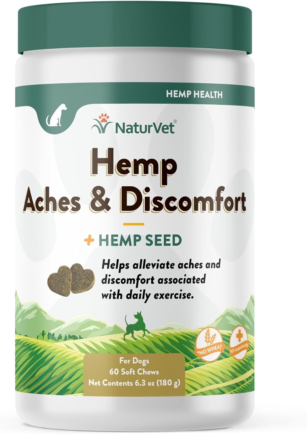 NaturVet Hemp Aches & Discomfort Plus Hemp Seed for Dogs, 60 ct Soft Chews, Made in The USA-0