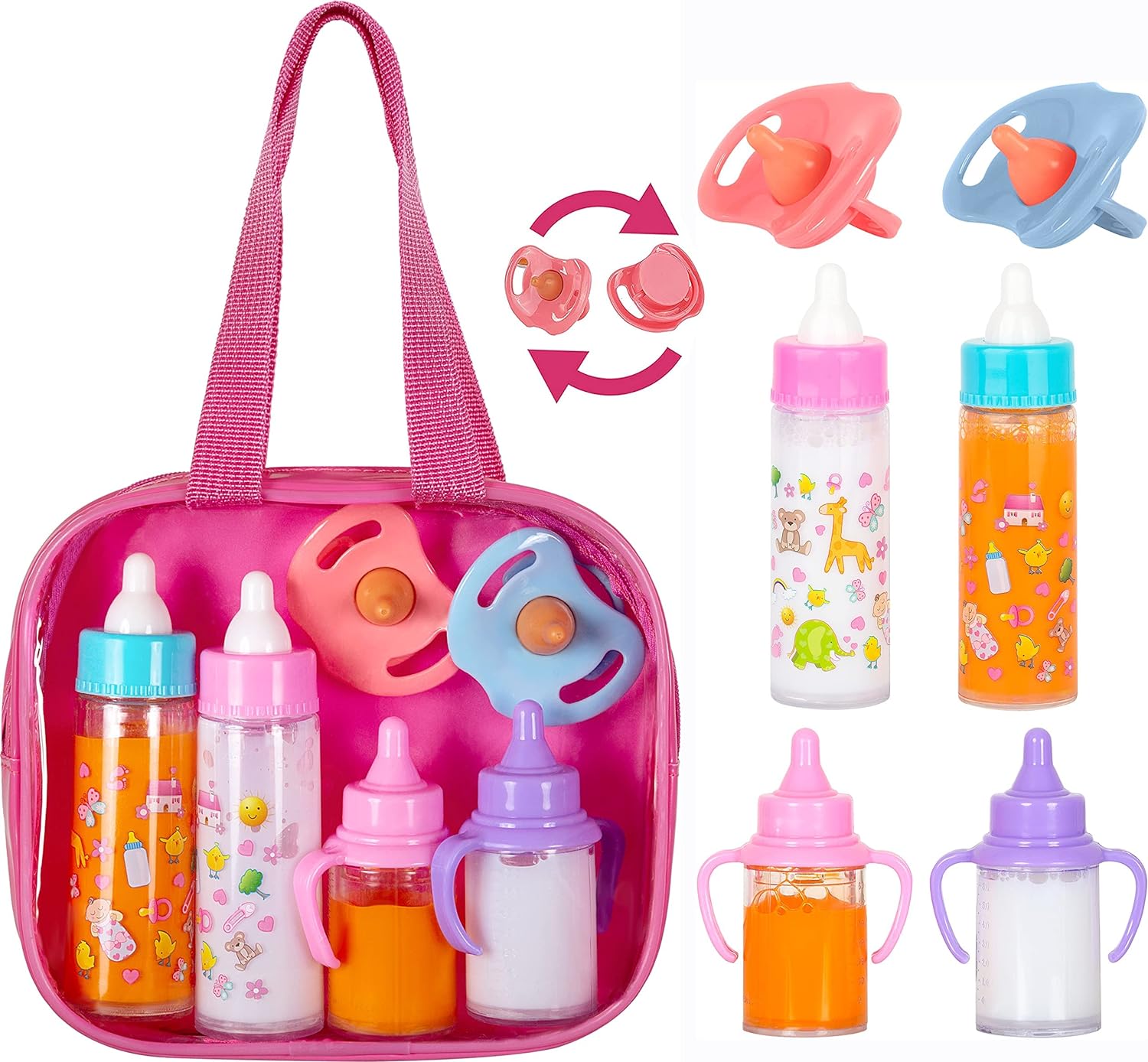 fash n kolor®, My Sweet Baby Disappearing Doll Feeding Set | Baby Care 6 Piece Doll Feeding Set for Toy Stroller | 2 Milk & Juice Bottles with 2 Toy Pacifier for Baby Doll-0