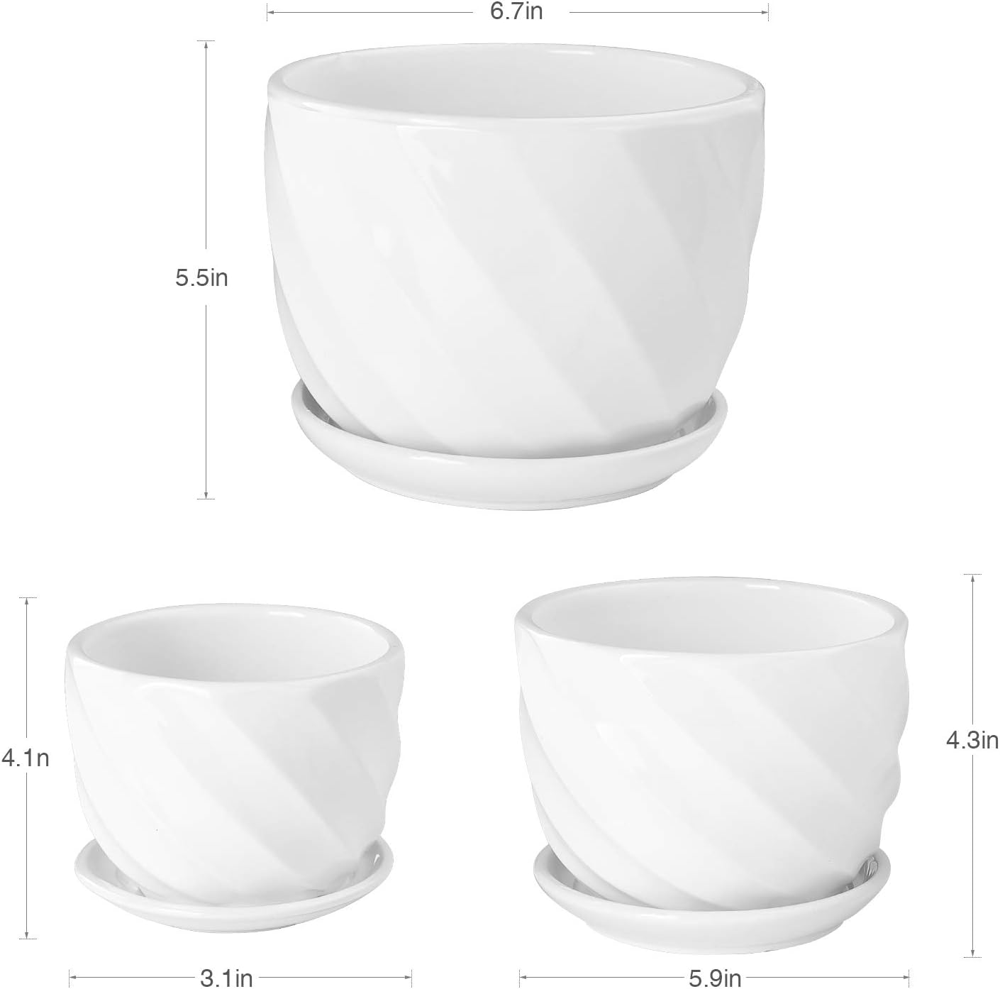 Set of 3 Ceramic Plant Pot - Flower Plant Pots Indoor with Saucers,Small to Medium Sized Round Modern Ceramic Garden Flower Pots (White)-0