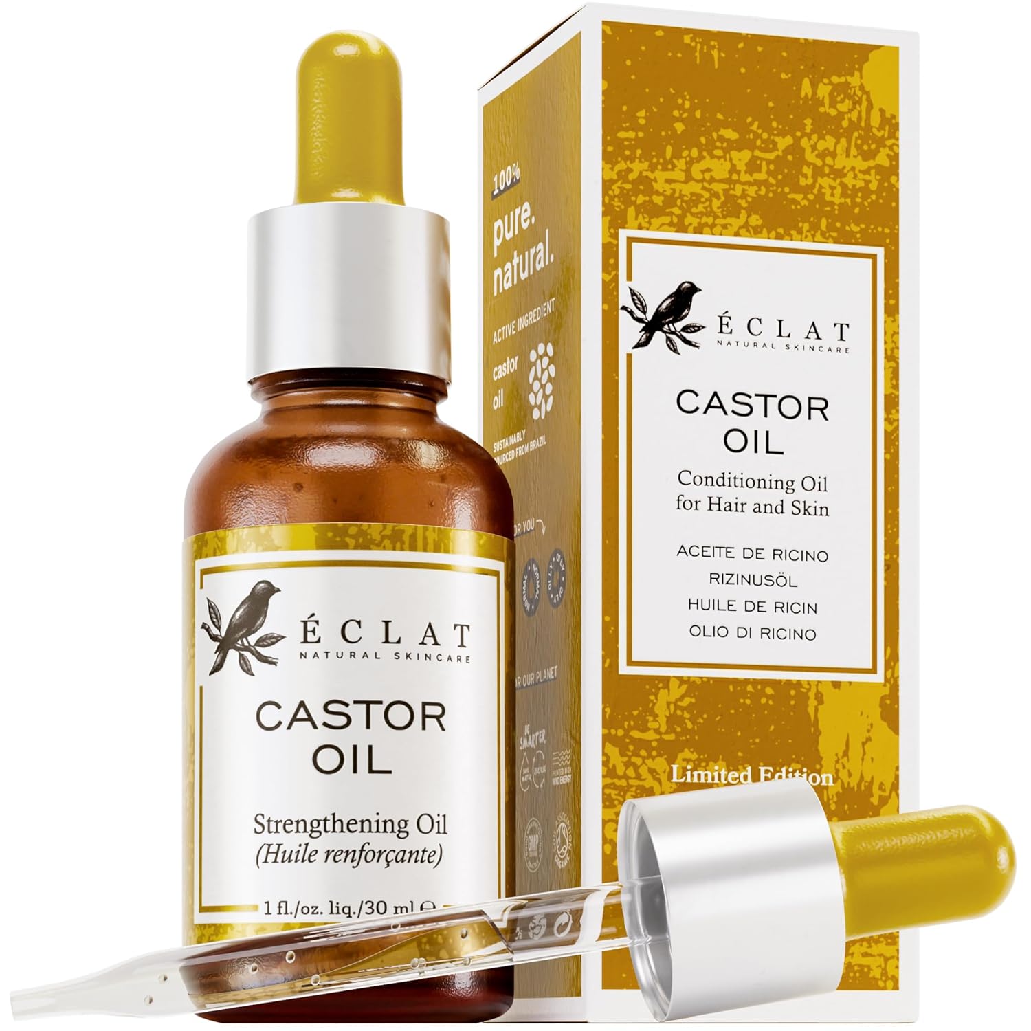 Eclat Skincare Castor Oil Organic Cold Pressed for Hair Growth & Strength, Helps in Thickening Eyelashes and Eyebrows Volume, Hydrates Skin - 1 fl oz + Applicator-0