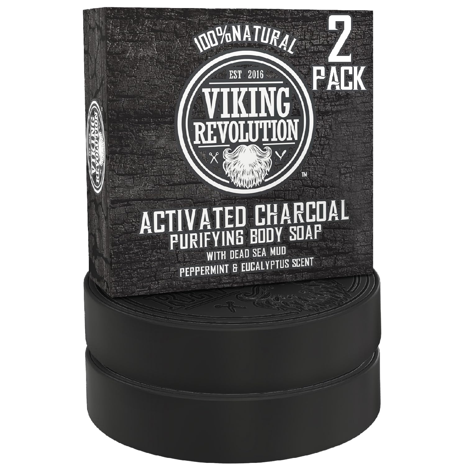 Viking Revolution Skin Cleaning Agent Activated Charcoal Soap for Men w/Dead Sea Mud, Body and Face, Cleanser,Cleansing Blackheads - Peppermint & Eucalyptus Scent 0.7 Fl Oz (Pack of 2)-0