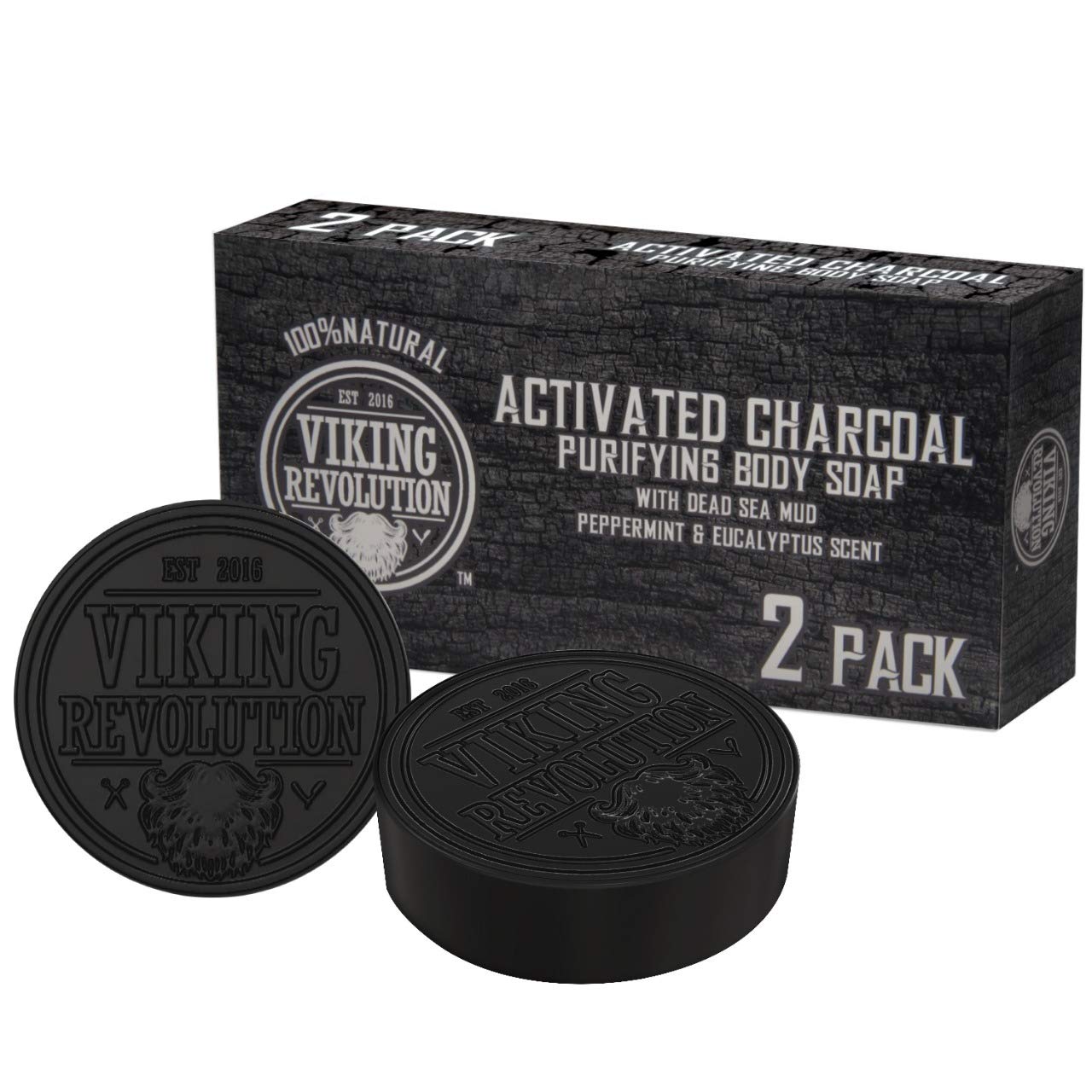 Viking Revolution Skin Cleaning Agent Activated Charcoal Soap for Men w/Dead Sea Mud, Body and Face, Cleanser,Cleansing Blackheads - Peppermint & Eucalyptus Scent 0.7 Fl Oz (Pack of 2)-1