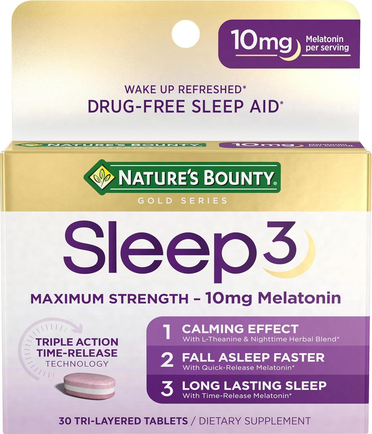 Nature's Bounty Melatonin, Sleep3 Maximum Strength 100% Drug Free Sleep Aid, Dietary Supplement, L-Theanine & Nighttime Herbal Blend Time Release Technology, 10mg, 30 Tri-Layered Tablets-0