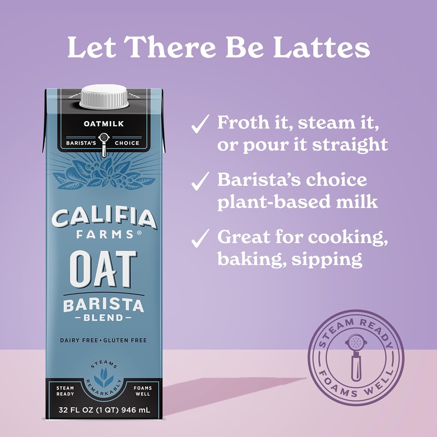 Califia Farms - Oat Barista Blend Oat Milk, 32 Oz (Pack of 6), Shelf Stable, Dairy Free, Plant Based, Vegan, Gluten Free, Non GMO, High Calcium, Milk Frother, Creamer, Oatmilk-1