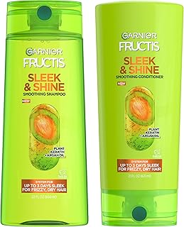 Garnier Fructis Sleek & Shine Shampoo (22 Fl Oz) + Conditioner (21 Fl Oz) Set for Frizzy, Dry Hair, Plant Keratin + Argan Oil (2 Items), 1 Kit (Packaging May Vary)