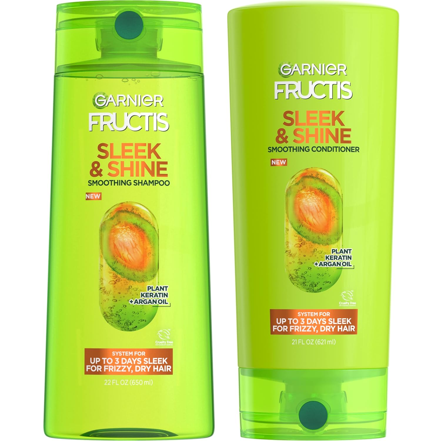 Garnier Fructis Sleek & Shine Shampoo (22 Fl Oz) + Conditioner (21 Fl Oz) Set for Frizzy, Dry Hair, Plant Keratin + Argan Oil (2 Items), 1 Kit (Packaging May Vary)-0