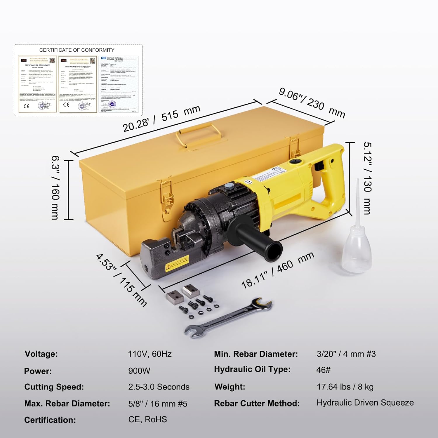 Happybuy Electric Hydraulic Rebar Cutter,900W Portable Electric Rebar Cutter,Cutting up to 5/8 Inch #5 4-16mm Rebar within 3 Seconds,110V,with Easy to Carry Stainless Box(900W RC-16)-6