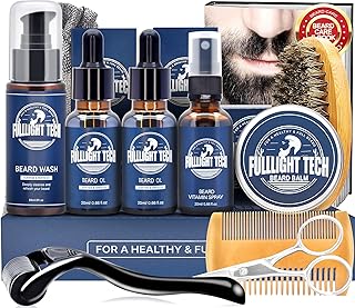 FULLLIGHT TECH Beard Kit with Vitamin Spray, 2x Oil, Balm, Wash, Brush, Comb, Scissors - Mens Beard Care Gifts for Men, Him, Husband Boyfriend Dad - Valentine's Day