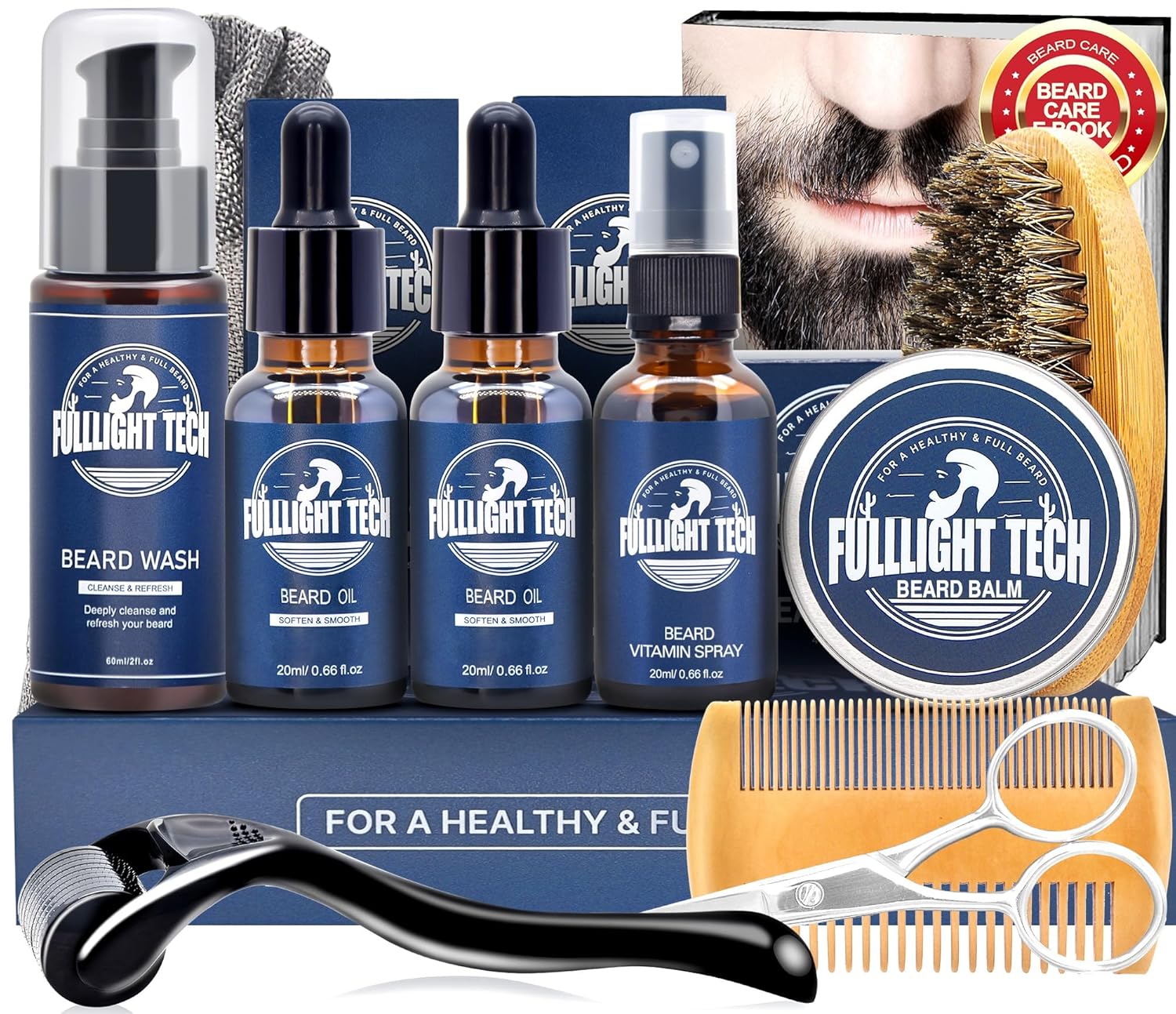 FULLLIGHT TECH Beard Kit with Vitamin Spray, 2x Oil, Balm, Wash, Brush, Comb, Scissors - Mens Beard Care Gifts for Men, Him, Husband Boyfriend Dad - Valentine's Day-0