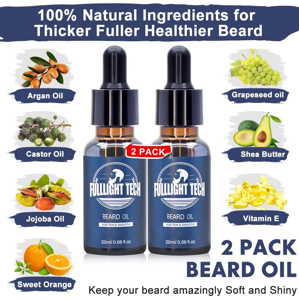 FULLLIGHT TECH Beard Kit with Vitamin Spray, 2x Oil, Balm, Wash, Brush, Comb, Scissors - Mens Beard Care Gifts for Men, Him, Husband Boyfriend Dad - Valentine's Day-2