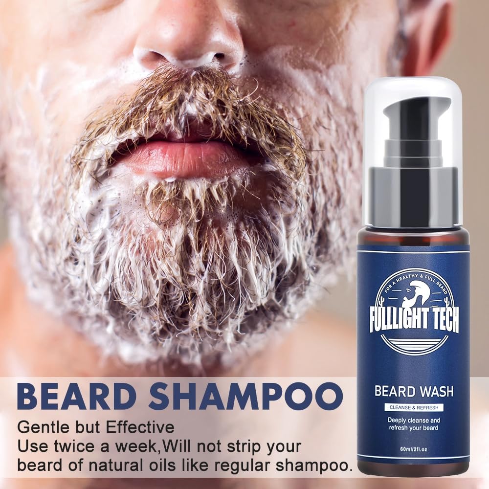 FULLLIGHT TECH Beard Kit with Vitamin Spray, 2x Oil, Balm, Wash, Brush, Comb, Scissors - Mens Beard Care Gifts for Men, Him, Husband Boyfriend Dad - Valentine's Day-3