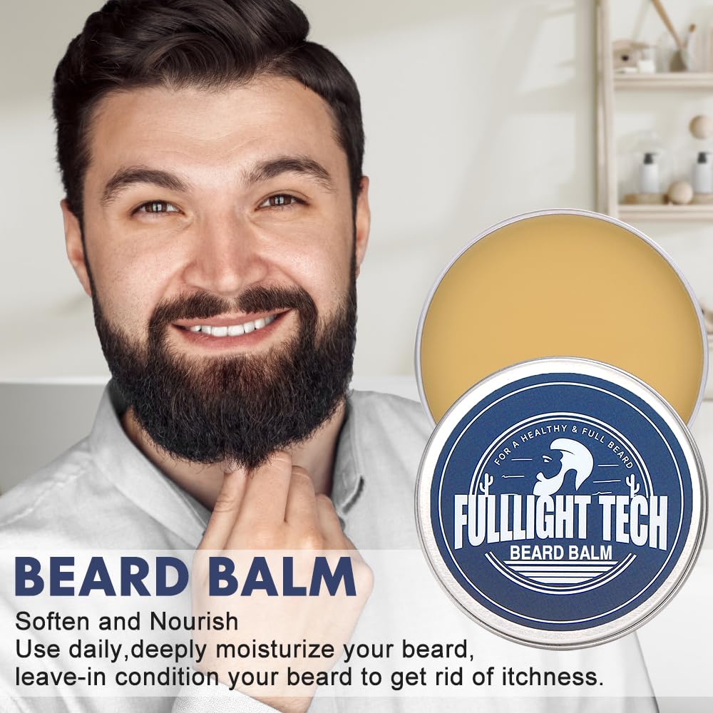 FULLLIGHT TECH Beard Kit with Vitamin Spray, 2x Oil, Balm, Wash, Brush, Comb, Scissors - Mens Beard Care Gifts for Men, Him, Husband Boyfriend Dad - Valentine's Day-4