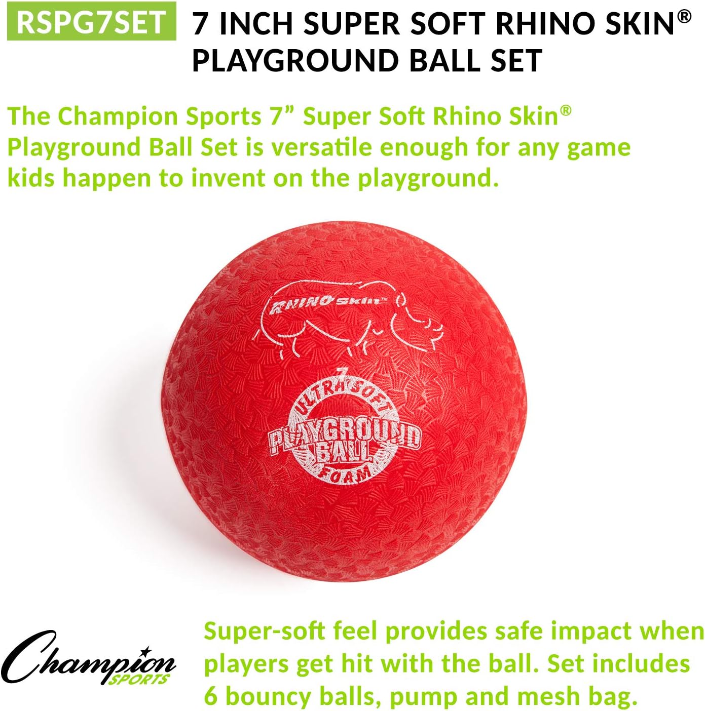 Champion Sports RSPG7SET Playground Ball Set: Six 7 Inch Rhino Skin Soft Inflatable Balls Includes Storage Bag and Pump-1