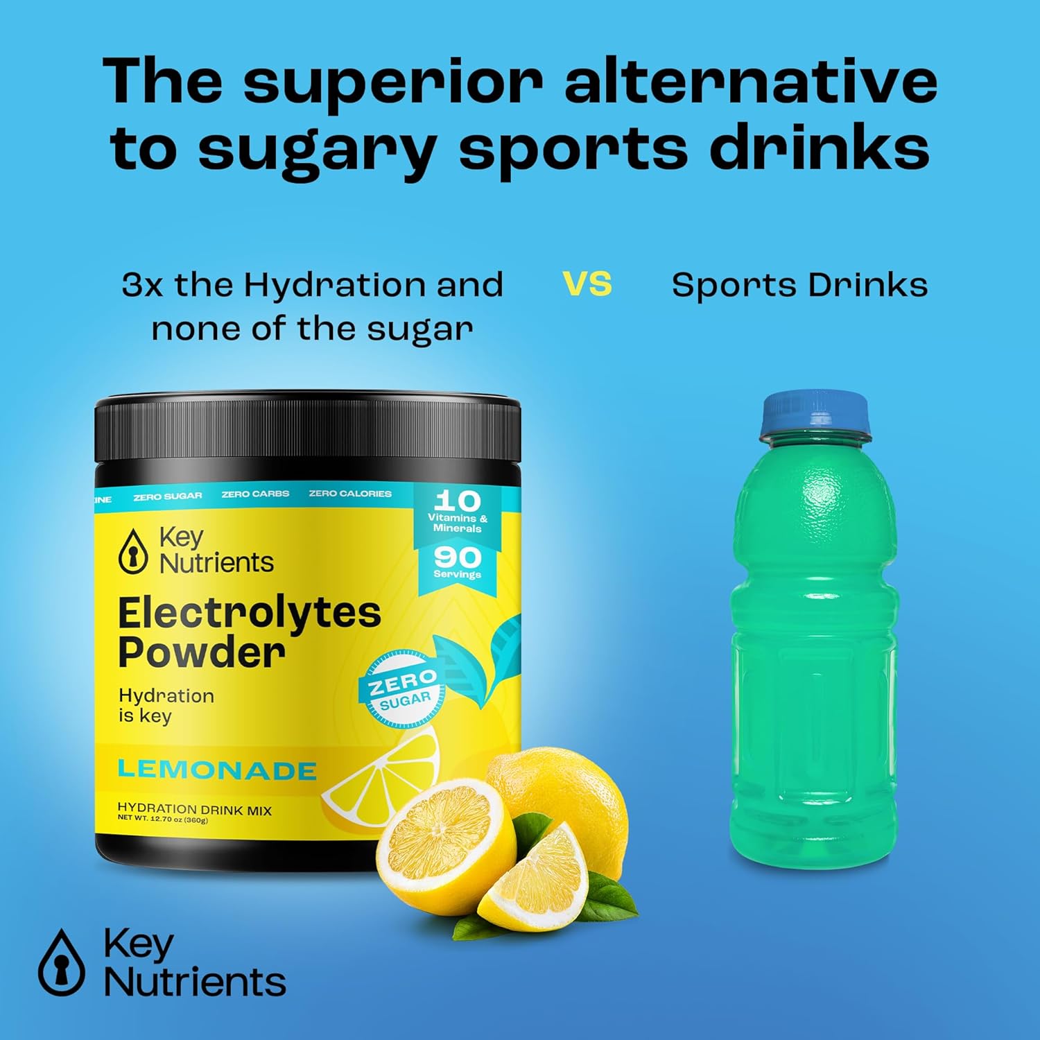 KEY NUTRIENTS Multivitamin Electrolytes Powder No Sugar - Refreshing Lemonade Electrolyte Powder - Endurance & Energy Supplement - Hydration Powder - No Calories - 90 Servings - Made in USA-2