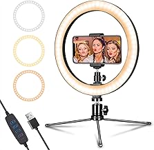 Dimmable Desk Makeup LED Ring Light 10" with Tripod Stand & Phone Holder for Live Streaming & YouTube Video, Photography, Shooting with 3 Light Modes & 10 Brightness Level