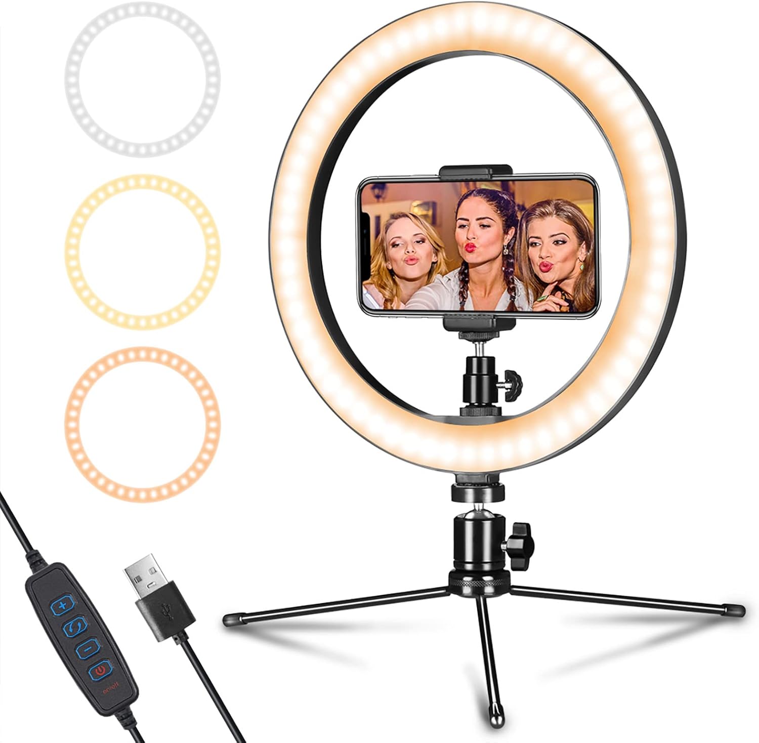 Dimmable Desk Makeup LED Ring Light 10" with Tripod Stand & Phone Holder for Live Streaming & YouTube Video, Photography, Shooting with 3 Light Modes & 10 Brightness Level-0