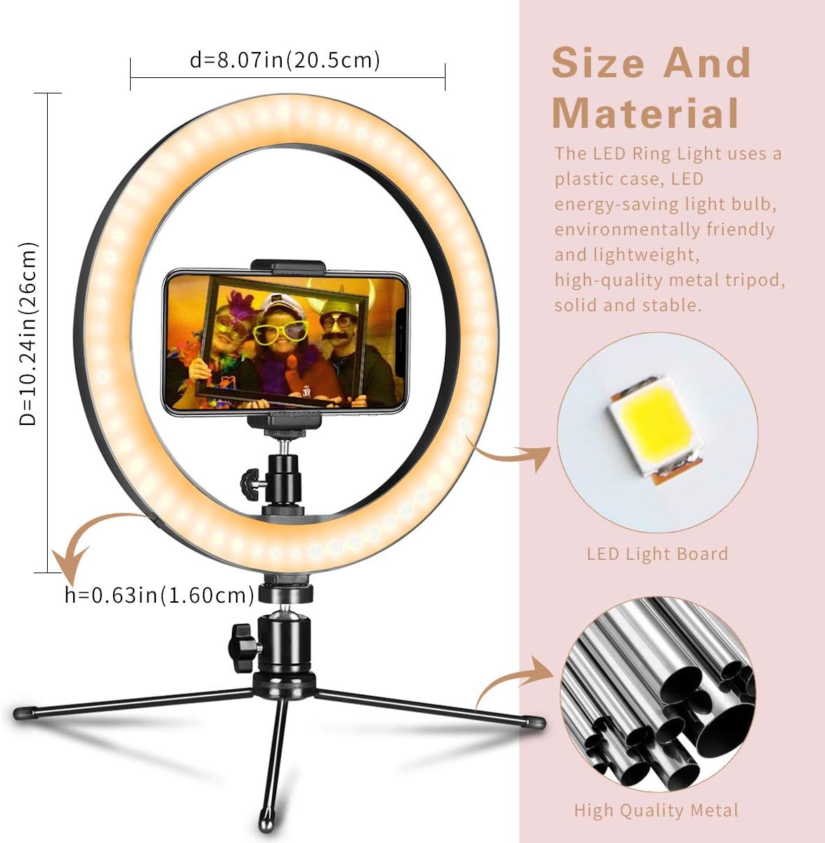 Dimmable Desk Makeup LED Ring Light 10" with Tripod Stand & Phone Holder for Live Streaming & YouTube Video, Photography, Shooting with 3 Light Modes & 10 Brightness Level-2