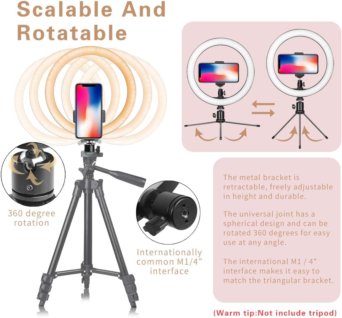 Dimmable Desk Makeup LED Ring Light 10" with Tripod Stand & Phone Holder for Live Streaming & YouTube Video, Photography, Shooting with 3 Light Modes & 10 Brightness Level-3