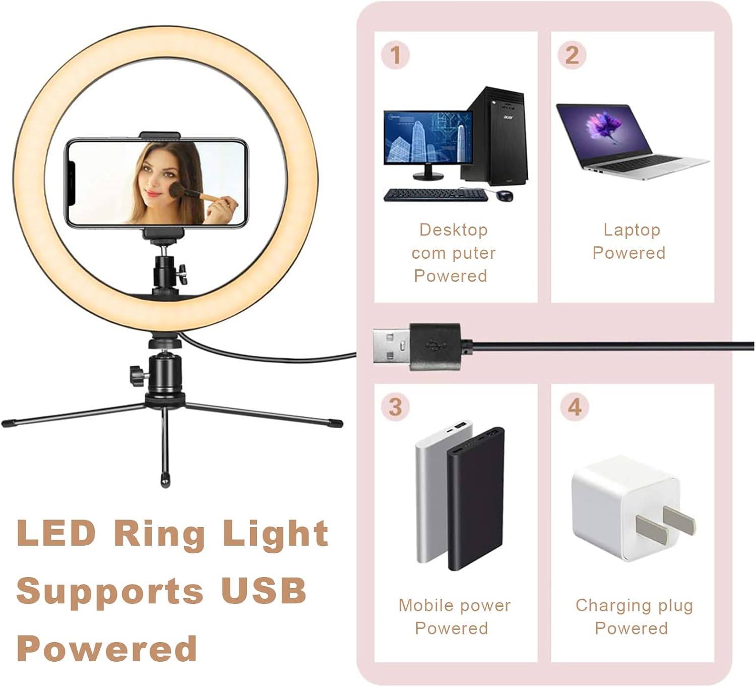 Dimmable Desk Makeup LED Ring Light 10" with Tripod Stand & Phone Holder for Live Streaming & YouTube Video, Photography, Shooting with 3 Light Modes & 10 Brightness Level-4