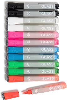 U Brands Liquid Glass Board Dry Erase Markers With Erasers, Set of 12, Assorted Colors, Low-Odor, Bullet (3 mm) Point