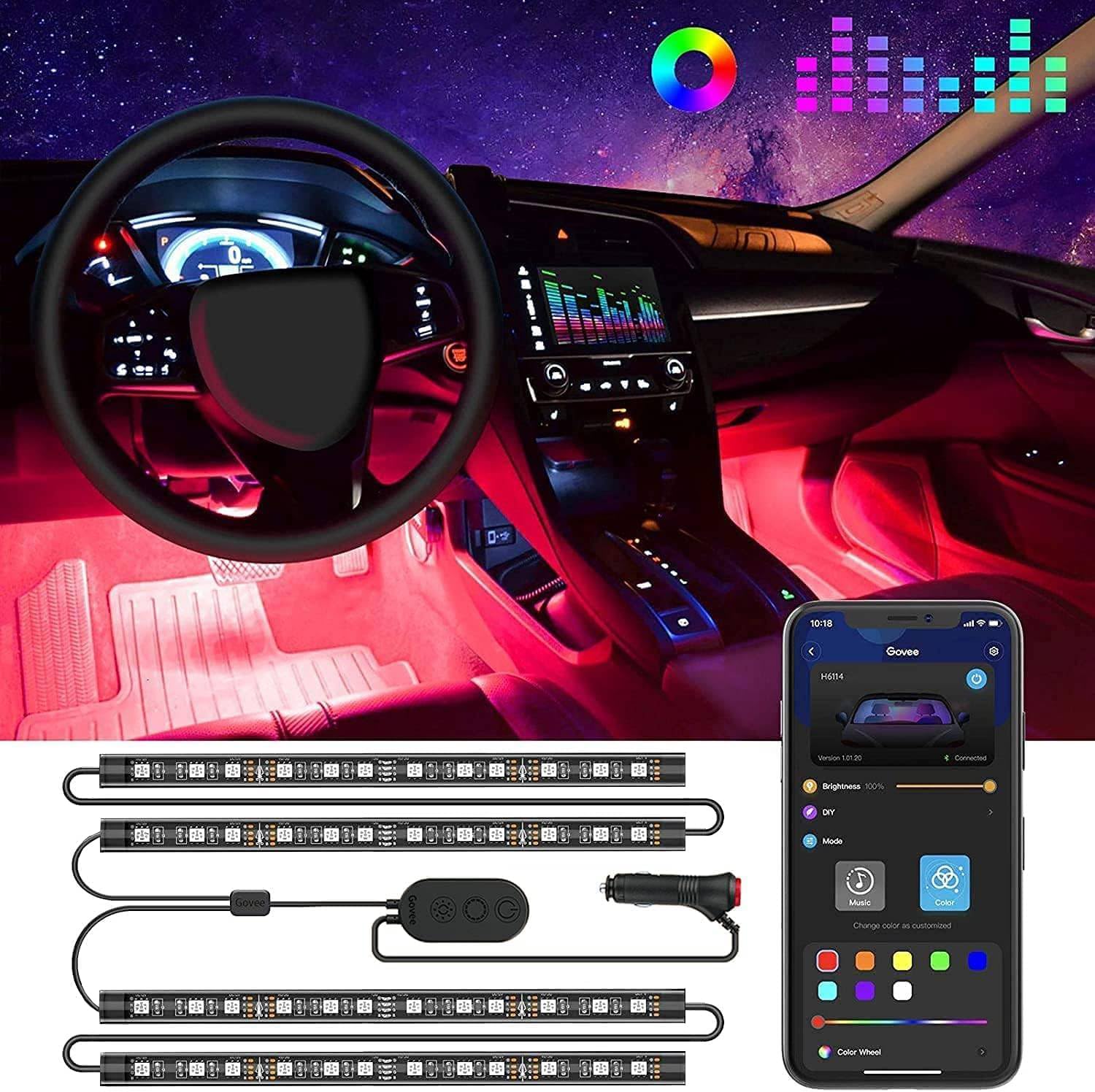 Govee Car LED Lights, Smart Interior Lights with App Control, RGB Inside Car Lights with DIY Mode and Music Mode, 2 Lines Design for Cars with Car Charger, DC 12V-0