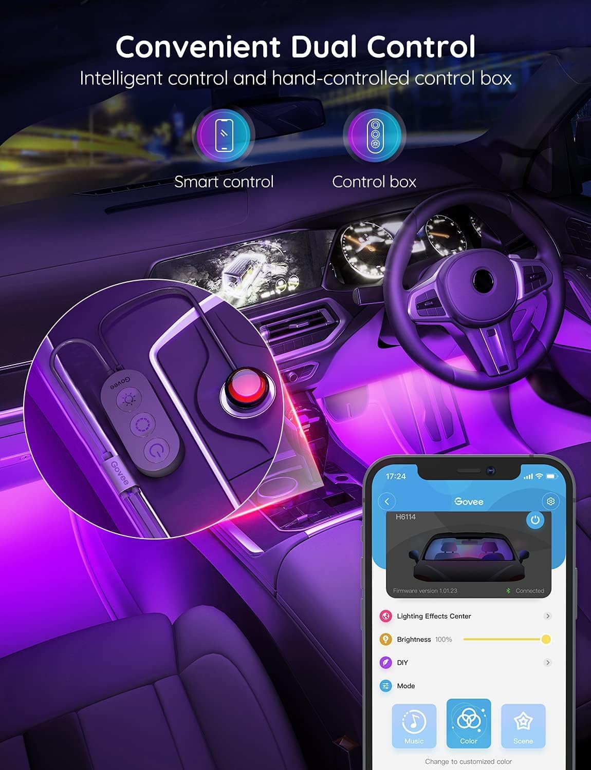 Govee Car LED Lights, Smart Interior Lights with App Control, RGB Inside Car Lights with DIY Mode and Music Mode, 2 Lines Design for Cars with Car Charger, DC 12V-6