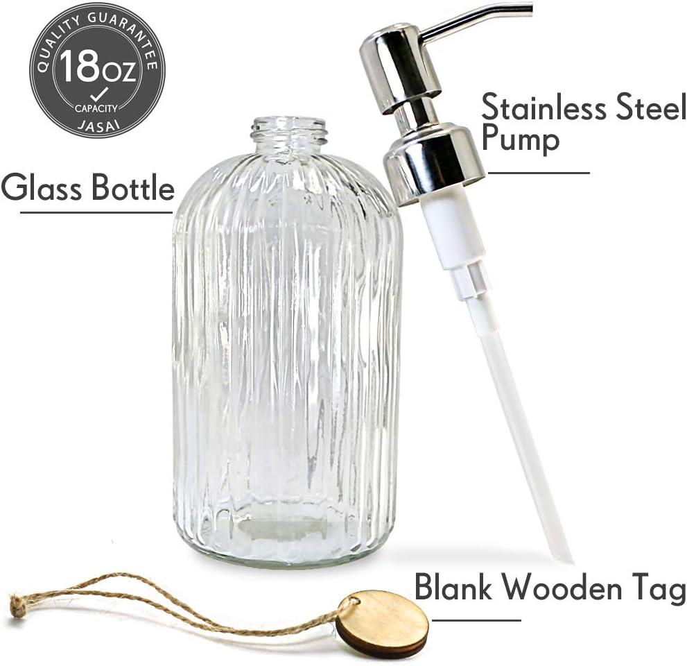 JASAI 18 Oz Clear Glass Soap Dispenser with Rust Proof Stainless Steel Pump, Refillable Liquid Hand Soap Dispenser for Bathroom, Premium Kitchen Soap Dispenser (Clear).-1