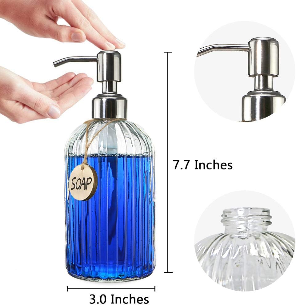 JASAI 18 Oz Clear Glass Soap Dispenser with Rust Proof Stainless Steel Pump, Refillable Liquid Hand Soap Dispenser for Bathroom, Premium Kitchen Soap Dispenser (Clear).-4