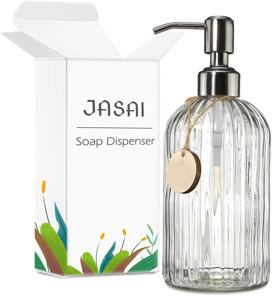 JASAI 18 Oz Clear Glass Soap Dispenser with Rust Proof Stainless Steel Pump, Refillable Liquid Hand Soap Dispenser for Bathroom, Premium Kitchen Soap Dispenser (Clear).-7