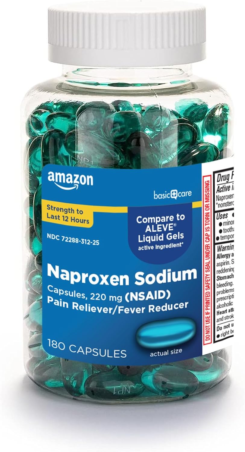 Amazon Basic Care Naproxen Sodium 220 Mg Liquid Gels, Pain Reliever/Fever Reducer (NSAID), Made in USA, 180 Count (previously A+ health)-0