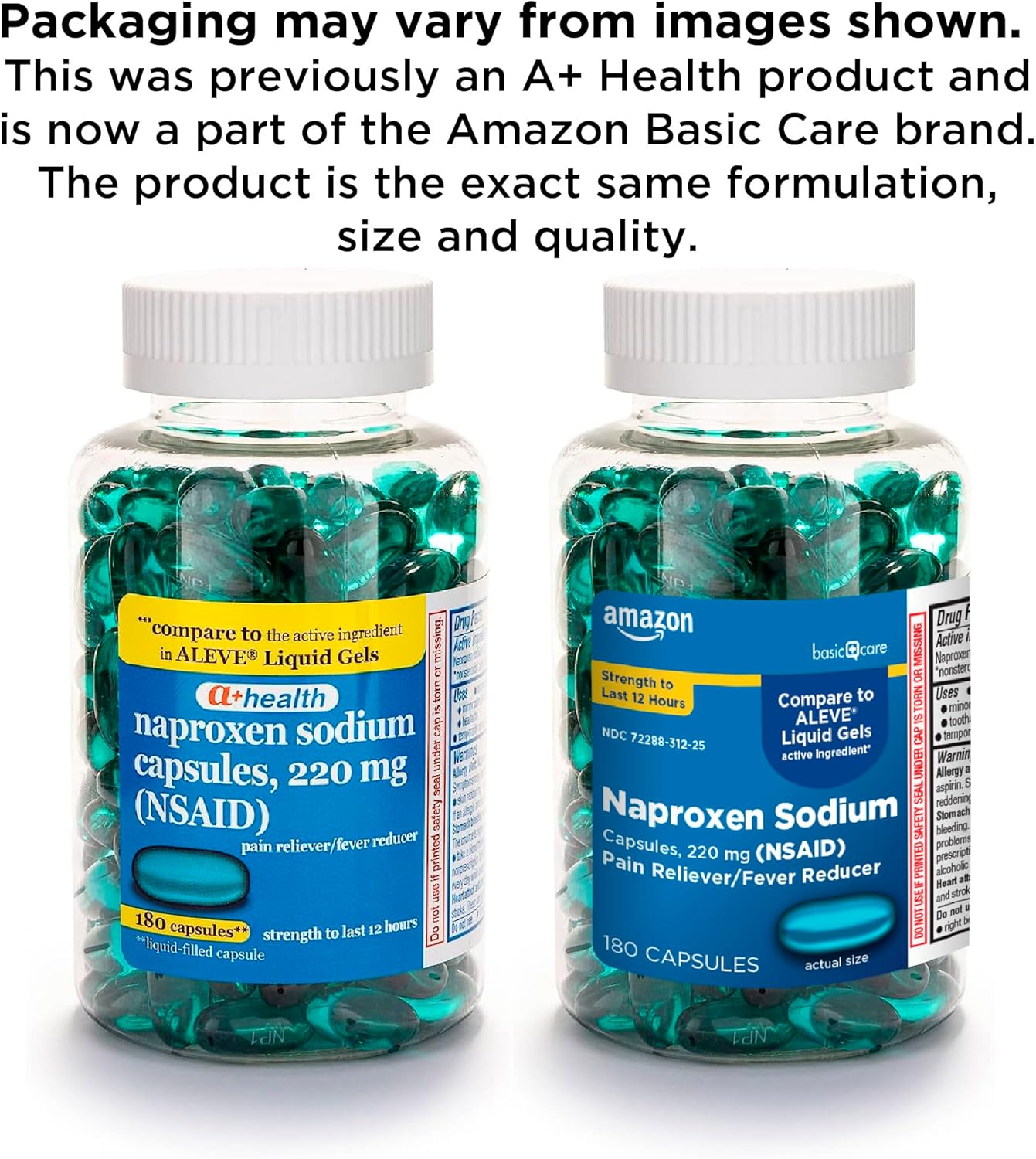 Amazon Basic Care Naproxen Sodium 220 Mg Liquid Gels, Pain Reliever/Fever Reducer (NSAID), Made in USA, 180 Count (previously A+ health)-1