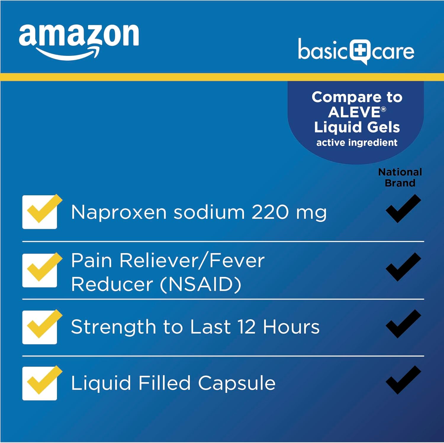 Amazon Basic Care Naproxen Sodium 220 Mg Liquid Gels, Pain Reliever/Fever Reducer (NSAID), Made in USA, 180 Count (previously A+ health)-2