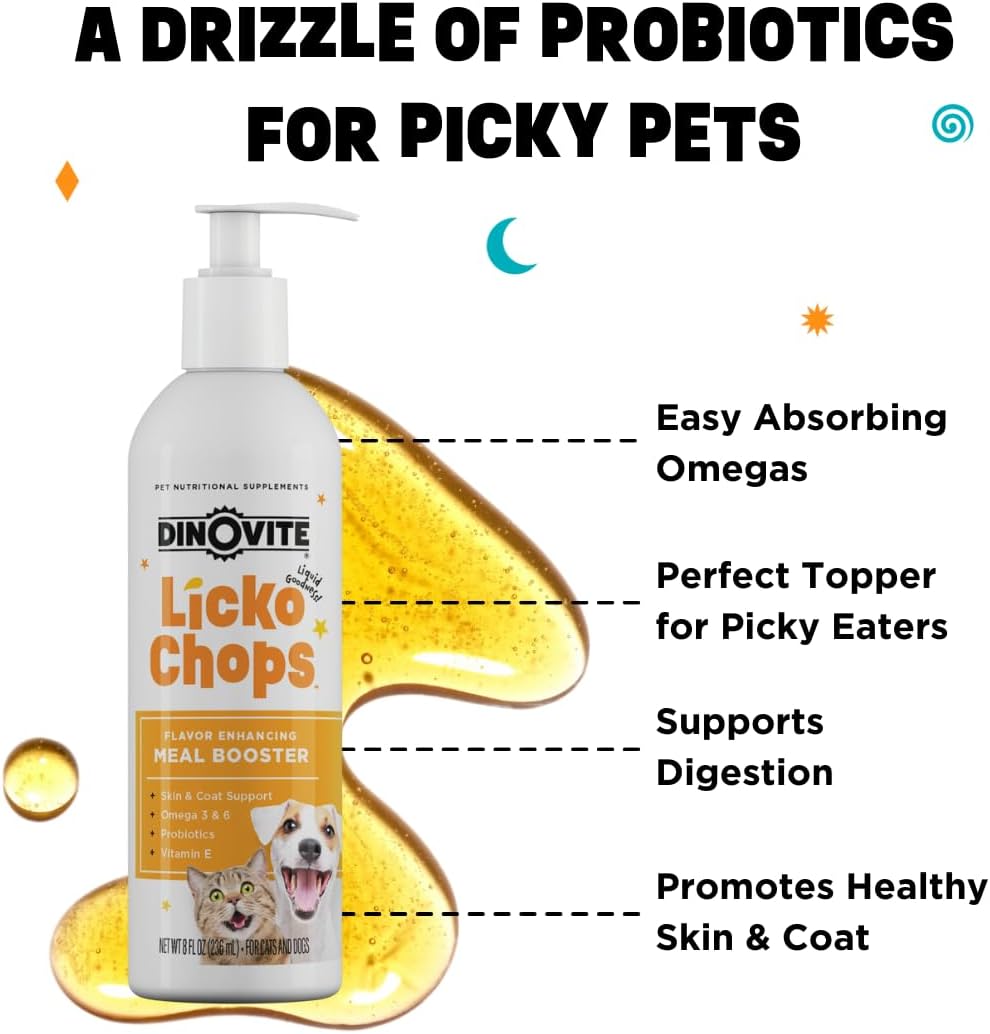 Dinovite Lickochops for Dog & Cat Supplement Enhanced with Omega-6, 3 Fatty Acids, Probiotics and Vitamin E, 16 oz with Pump-4