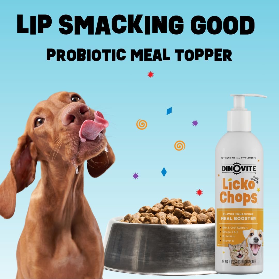 Dinovite Lickochops for Dog & Cat Supplement Enhanced with Omega-6, 3 Fatty Acids, Probiotics and Vitamin E, 16 oz with Pump-5