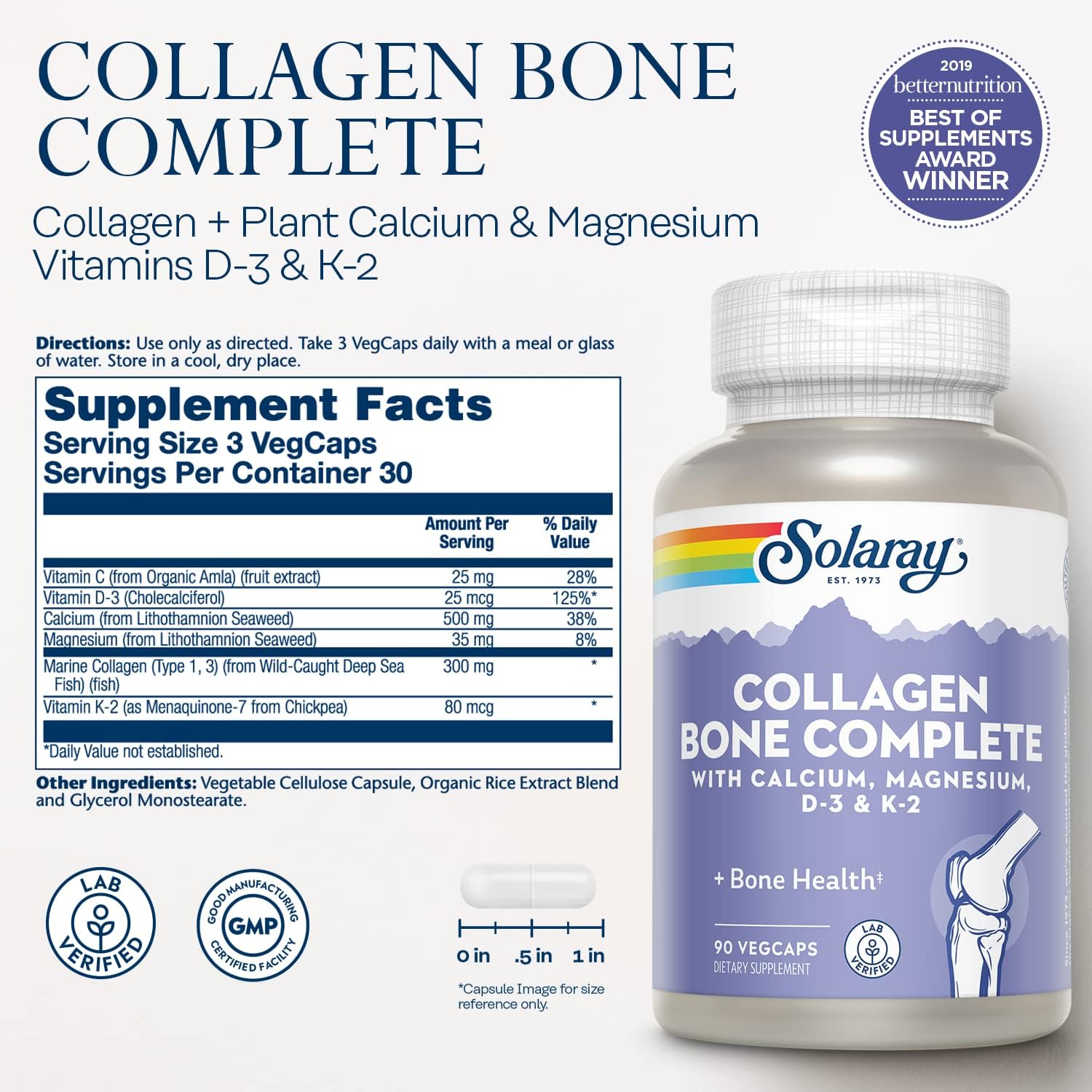 Solaray Collagen Bone Complete | Advanced Bone Matrix Formula with Plant Calcium & Magnesium | 30 Servings | 90 VegCaps-2