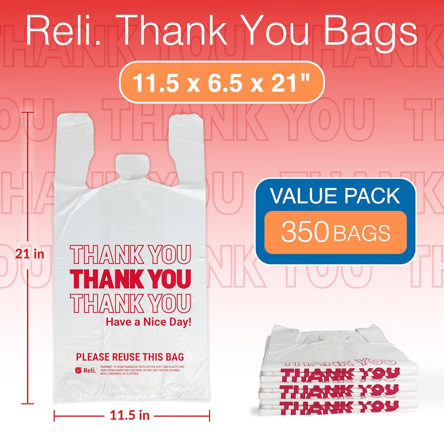 Reli. Thank You Plastic Bags (350 Count) (11.5" x 6.5" x 21") (White) - Grocery, Shopping Bag, Restaurants, Convenience Store-1