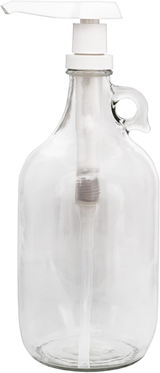 Cornucopia Half Gallon Glass Pump Dispenser Bottle, 64-Ounce Jug with Pump for Sauces, Syrups, Soaps and More Clear, White-0