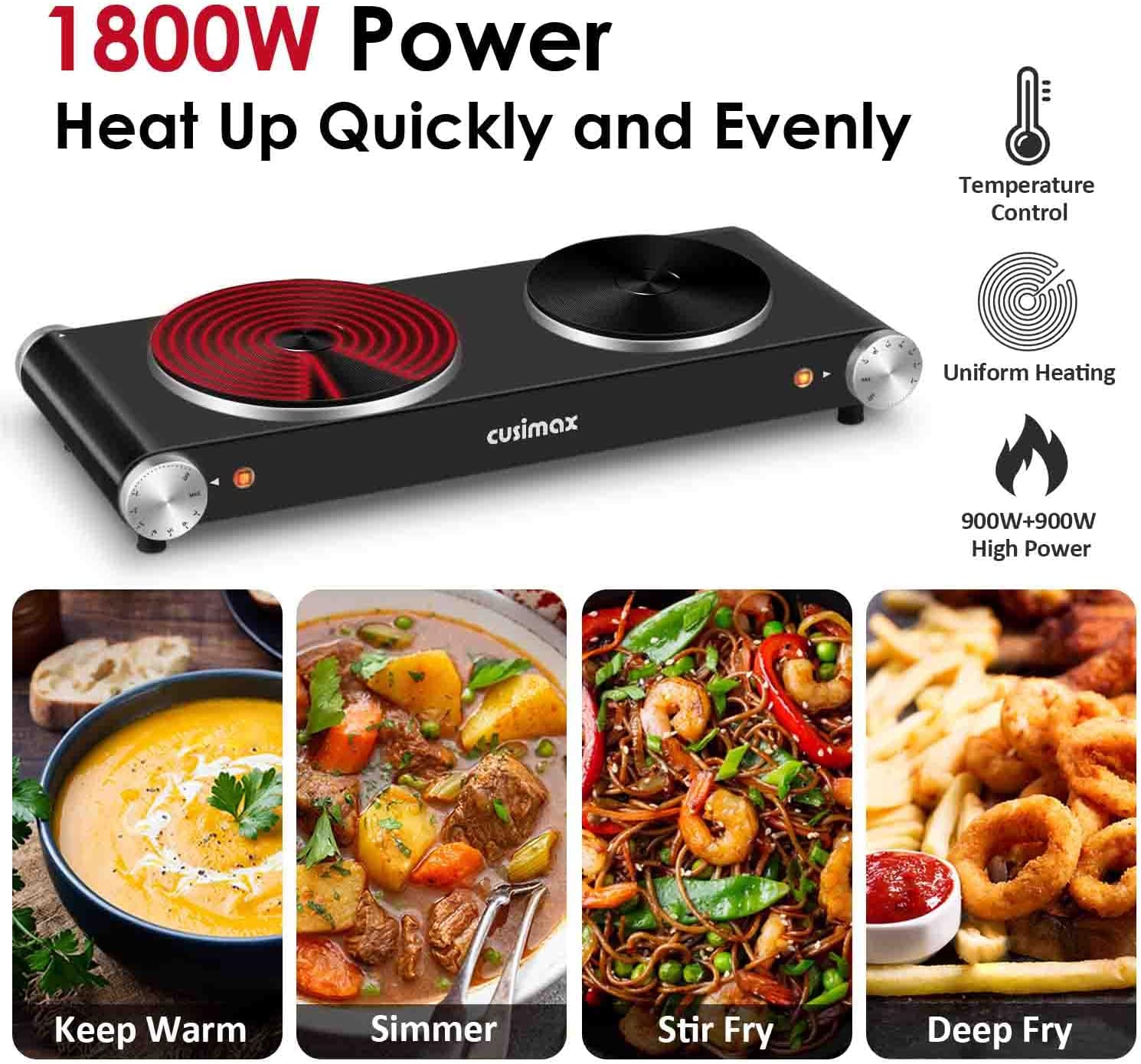 Cusimax Hot Plate for Cooking 1800W Portable Electric Double Burner Countertop Cooktop Cast Iron Stove Heating Plate with 7 Power Levels Adjustable Temp Control, Compatible for All Cookwares-1