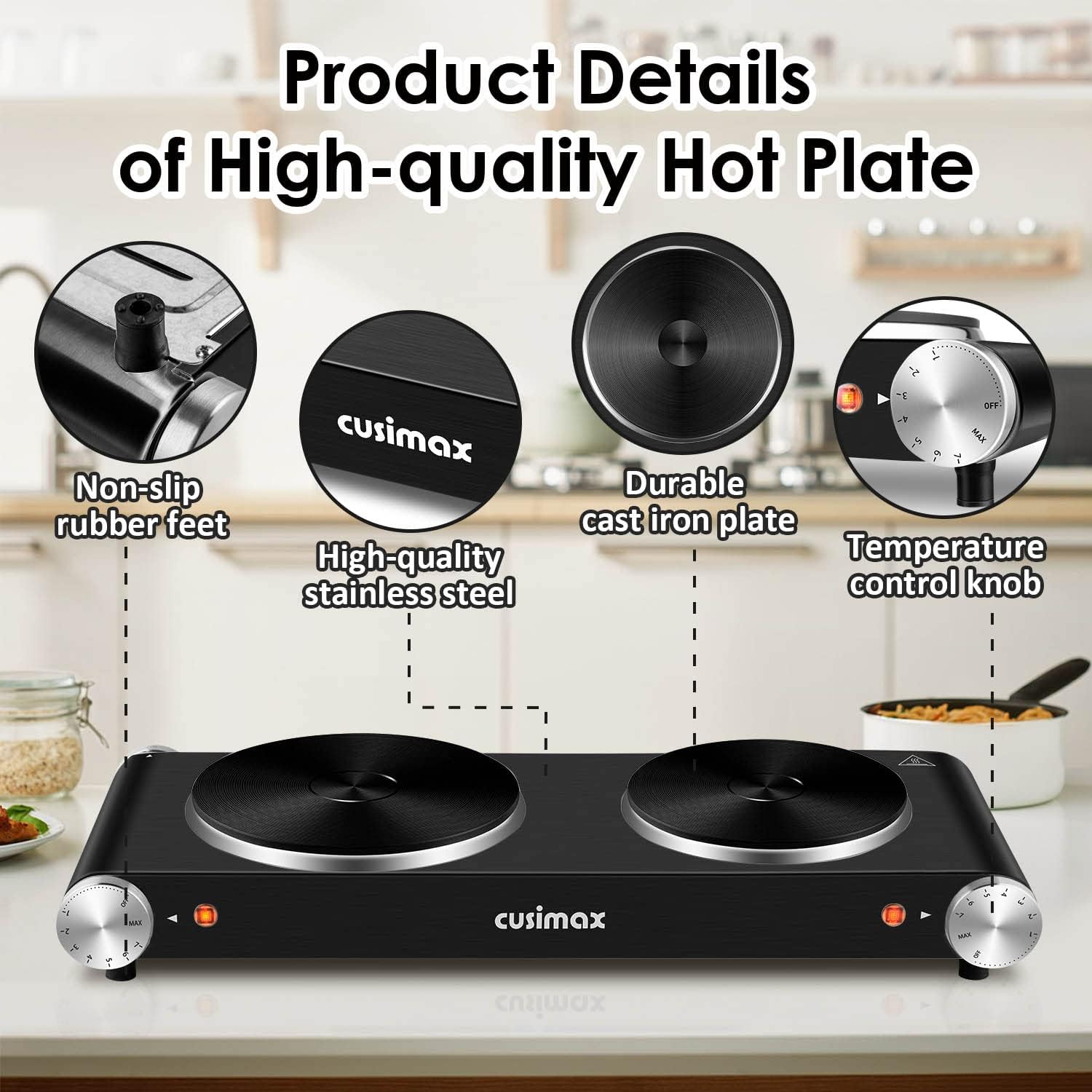 Cusimax Hot Plate for Cooking 1800W Portable Electric Double Burner Countertop Cooktop Cast Iron Stove Heating Plate with 7 Power Levels Adjustable Temp Control, Compatible for All Cookwares-2