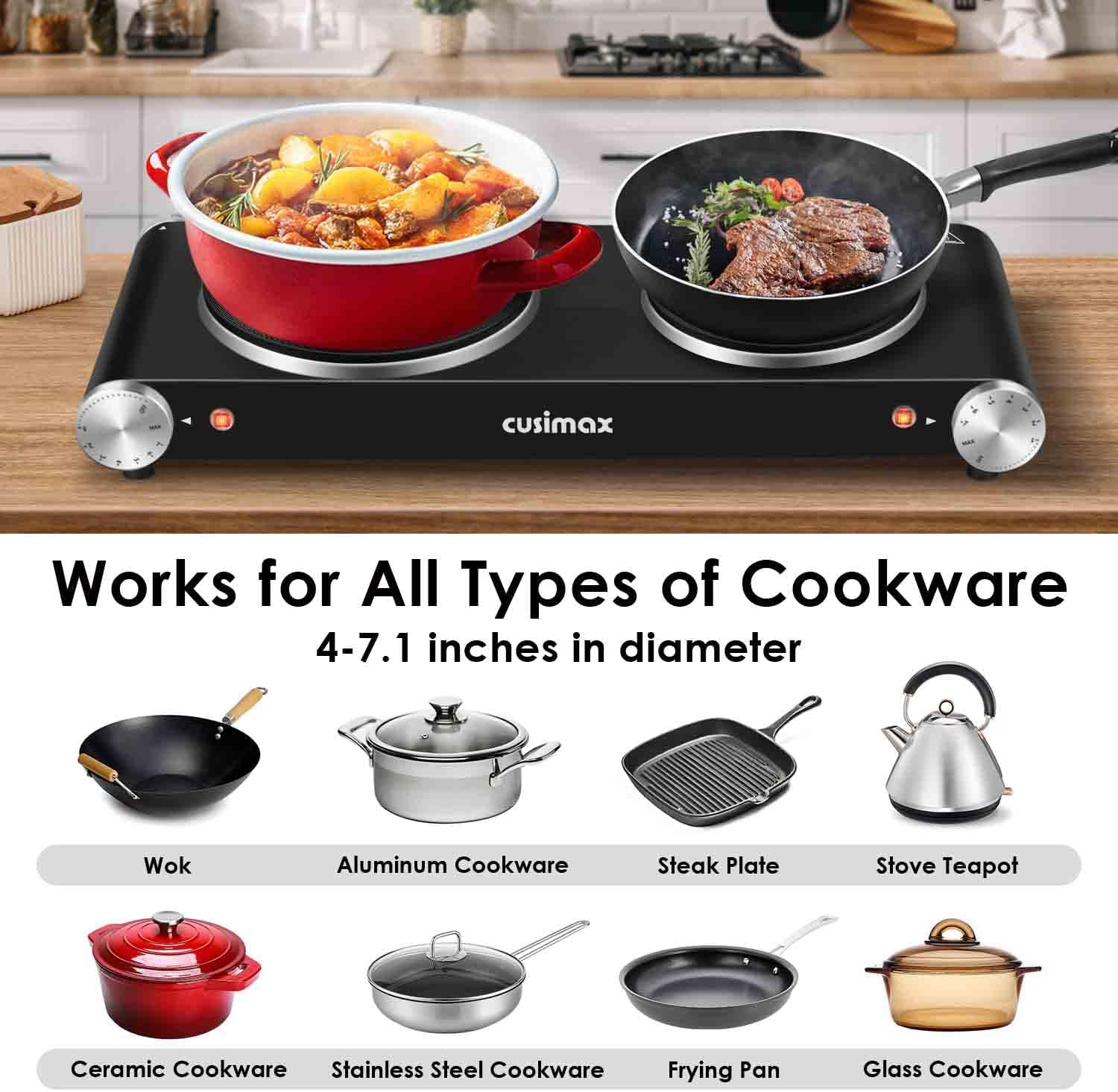 Cusimax Hot Plate for Cooking 1800W Portable Electric Double Burner Countertop Cooktop Cast Iron Stove Heating Plate with 7 Power Levels Adjustable Temp Control, Compatible for All Cookwares-3