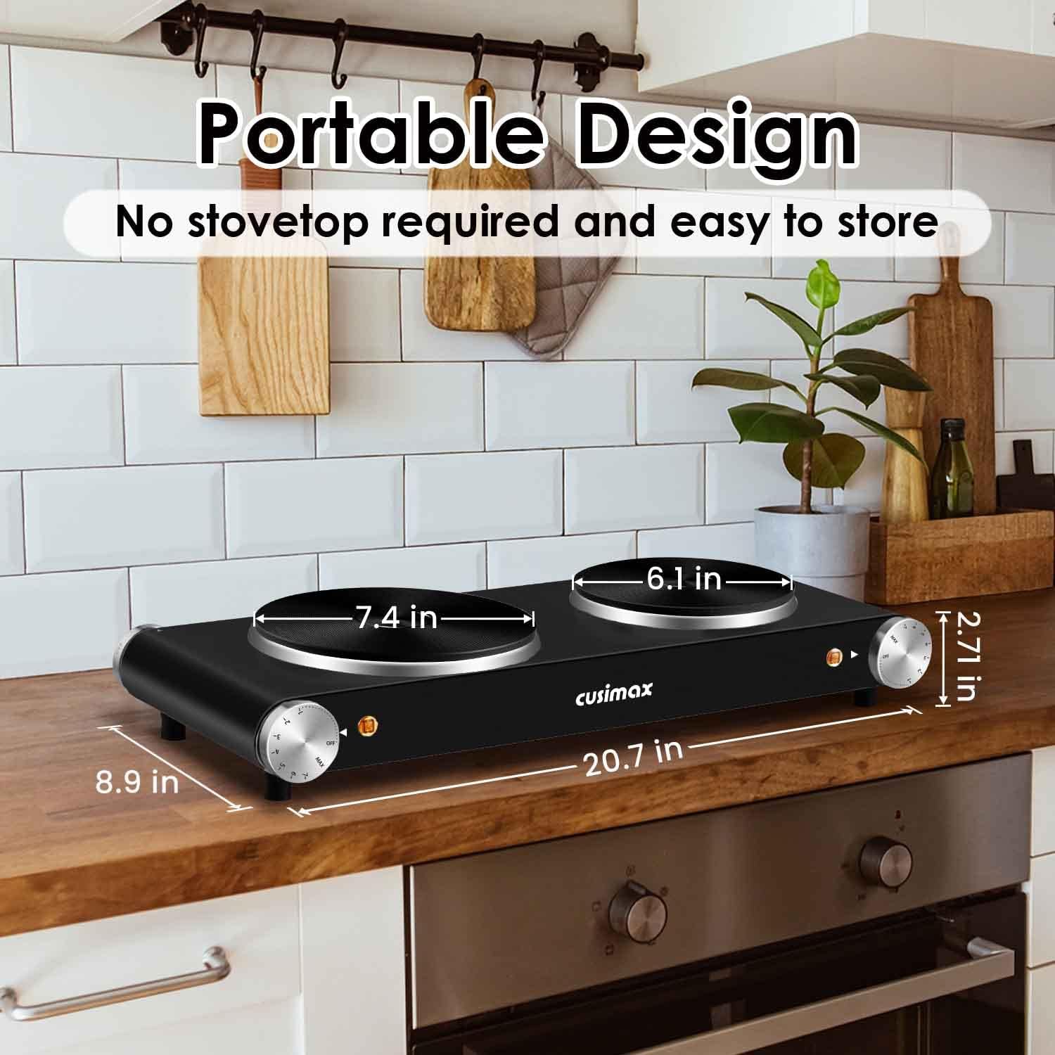 Cusimax Hot Plate for Cooking 1800W Portable Electric Double Burner Countertop Cooktop Cast Iron Stove Heating Plate with 7 Power Levels Adjustable Temp Control, Compatible for All Cookwares-4