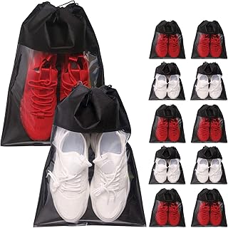 12 Pack Portable Shoe Bags for Travel Large Shoes Pouch Storage Organizer Clear Window with Drawstring for Men and Women Black