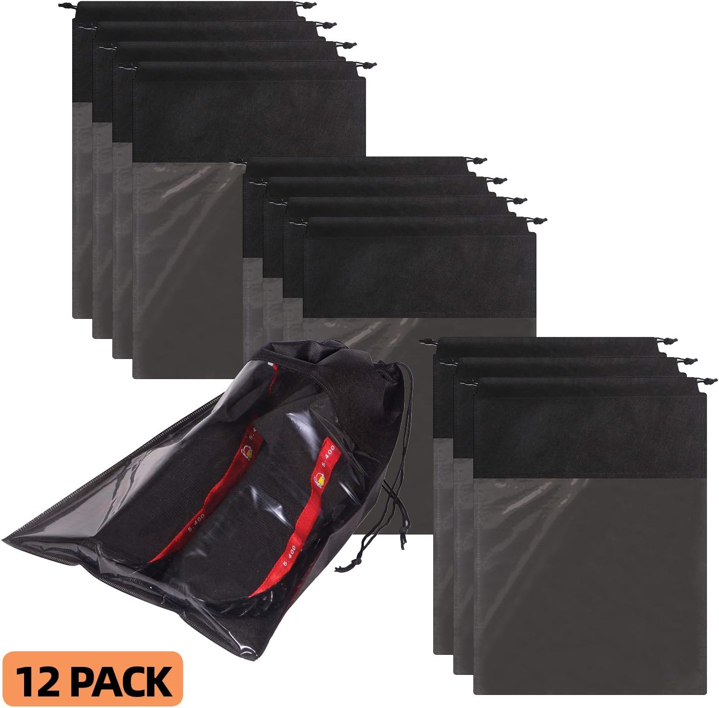 12 Pack Portable Shoe Bags for Travel Large Shoes Pouch Storage Organizer Clear Window with Drawstring for Men and Women Black-2