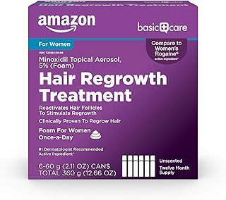 Amazon Basic Care Hair Regrowth Treatment For Women, Minoxidil 5% Topical Aerosol (Foam), 12 Month Supply, Unscented, 2.11 ounce (Pack of 6)