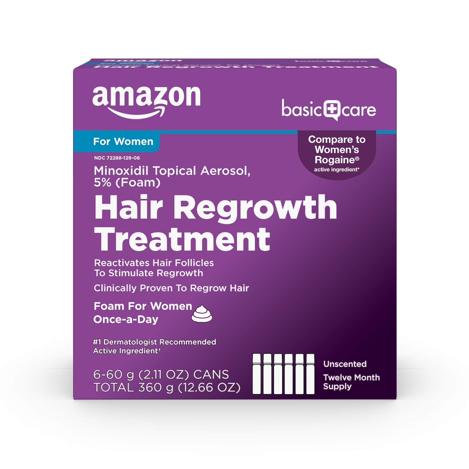 Amazon Basic Care Hair Regrowth Treatment For Women, Minoxidil 5% Topical Aerosol (Foam), 12 Month Supply, Unscented, 2.11 ounce (Pack of 6)-0