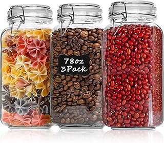 ComSaf Airtight Glass Canister Set of 3 with Lids 78oz Food Storage Jar Square - Storage Container with Clear Preserving Seal Wire Clip Fastening for Kitchen Canning Flour, Cereal, Pasta, Sugar, Beans