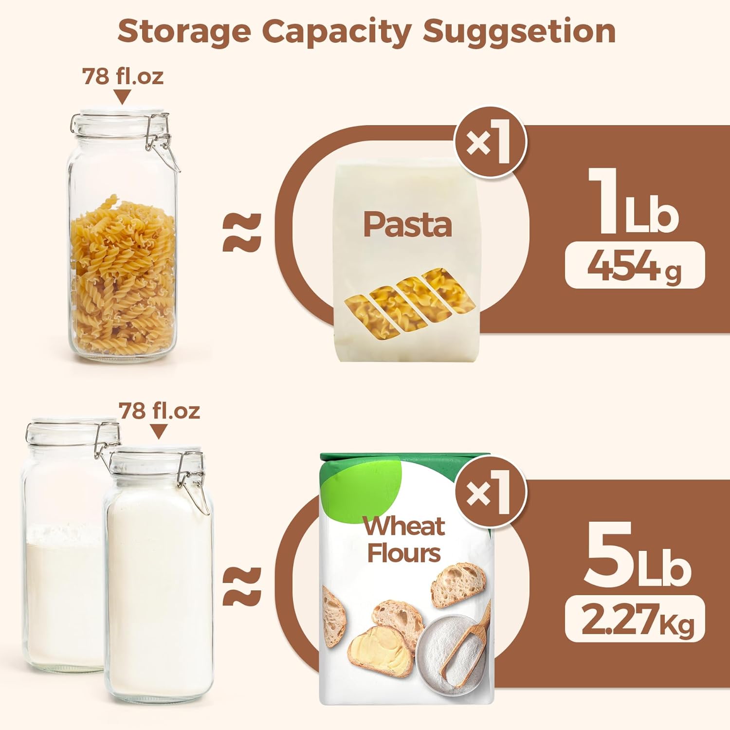 ComSaf Airtight Glass Canister Set of 3 with Lids 78oz Food Storage Jar Square - Storage Container with Clear Preserving Seal Wire Clip Fastening for Kitchen Canning Flour, Cereal, Pasta, Sugar, Beans-2