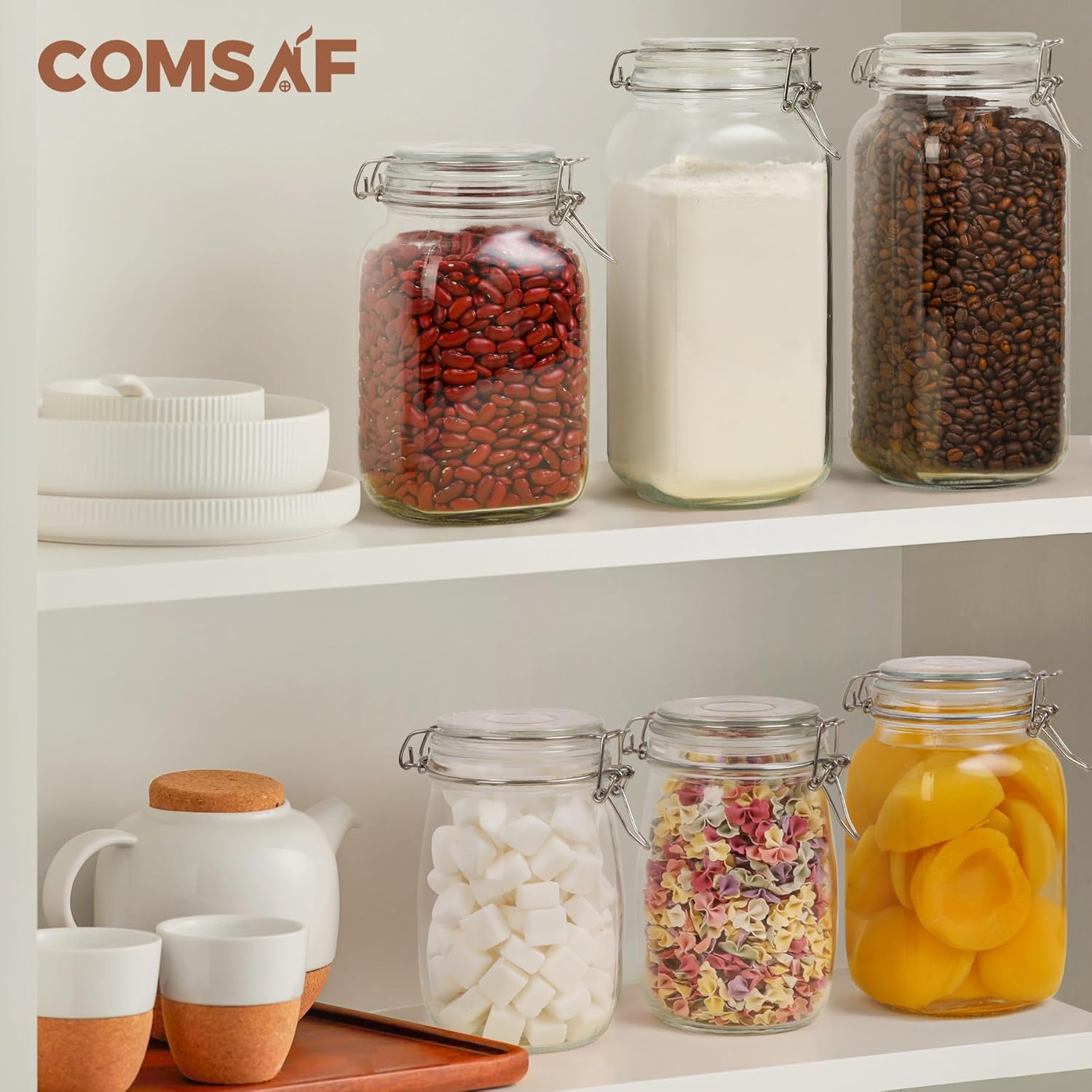 ComSaf Airtight Glass Canister Set of 3 with Lids 78oz Food Storage Jar Square - Storage Container with Clear Preserving Seal Wire Clip Fastening for Kitchen Canning Flour, Cereal, Pasta, Sugar, Beans-3