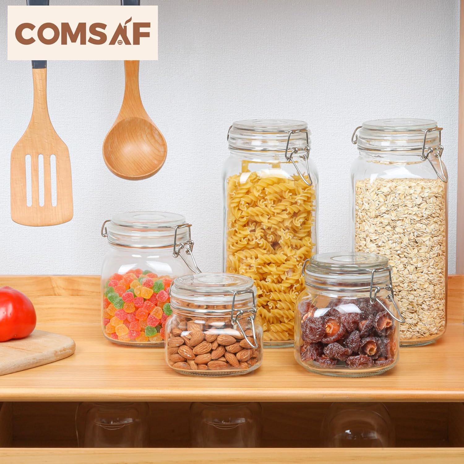 ComSaf Airtight Glass Canister Set of 3 with Lids 78oz Food Storage Jar Square - Storage Container with Clear Preserving Seal Wire Clip Fastening for Kitchen Canning Flour, Cereal, Pasta, Sugar, Beans-4